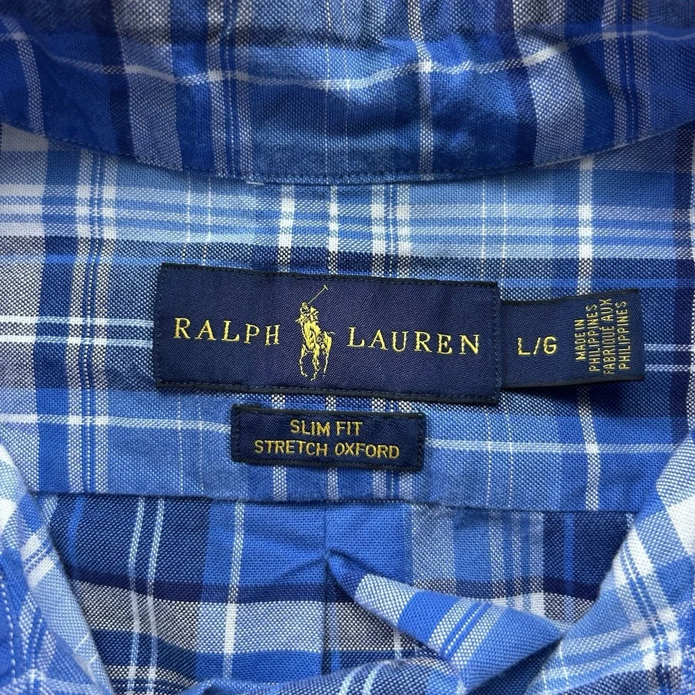 Polo Ralph Lauren Large Slim Fit Stretch Oxford Blue White Plaid Button Down